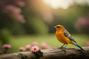 une petit Orange oiseau est assis sur une branche dans une champ. généré par ai photo