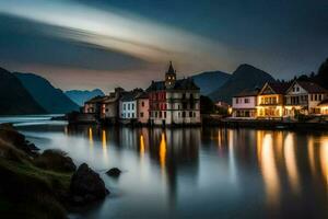 une magnifique nuit scène avec Maisons sur le l'eau. généré par ai photo