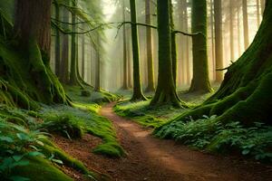 une chemin par une forêt avec moussu des arbres. généré par ai photo