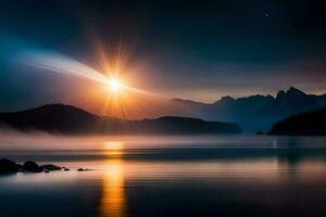 le Soleil est brillant plus de une Montagne intervalle et lac. généré par ai photo