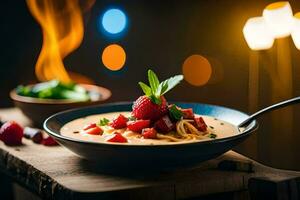 une bol de Pâtes avec des fraises et basilic sur une en bois tableau. généré par ai photo