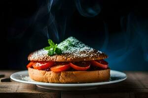 une sandwich avec tomates et menthe sur une plaque. généré par ai photo