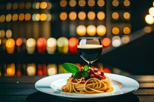 spaghetti et du vin sur une plaque. généré par ai photo