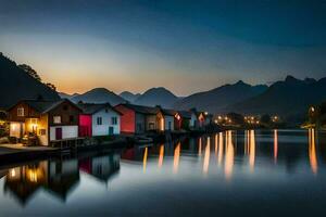 coloré Maisons sur le l'eau à crépuscule. généré par ai photo