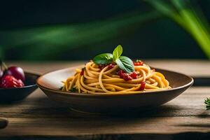 spaghetti avec tomate sauce et basilic feuilles dans une bol. généré par ai photo