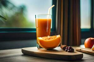 une verre de Orange jus et un Pomme sur une en bois tableau. généré par ai photo