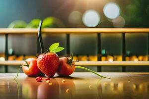 deux des fraises et une tomate sur une tableau. généré par ai photo