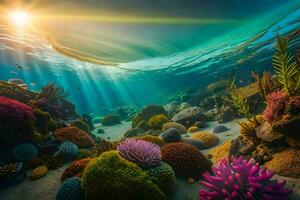 le Soleil brille plus de une corail récif et un anémone. généré par ai photo