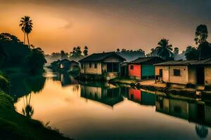 une rivière dans le milieu de une village à le coucher du soleil. généré par ai photo