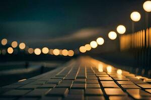 une longue passerelle avec lumières sur il à nuit. généré par ai photo