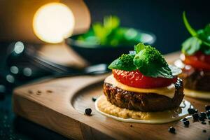 deux petit des hamburgers avec tomates et fromage sur une en bois Coupe planche. généré par ai photo