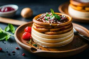 Crêpes avec baies et sirop sur une en bois plaque. généré par ai photo