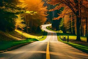 une route dans le les bois avec des arbres et Soleil brillant. généré par ai photo