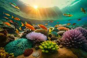 le Soleil brille plus de une corail récif avec poisson et coraux. généré par ai photo