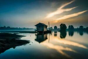 une petit maison est assis sur le rive de une Lac à lever du soleil. généré par ai photo