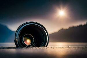 une caméra lentille sur le sol. généré par ai photo