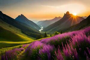 le Soleil monte plus de le montagnes et violet fleurs dans le premier plan. généré par ai photo