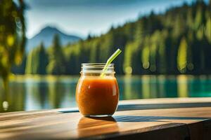 une verre de jus sur une table dans de face de une lac. généré par ai photo