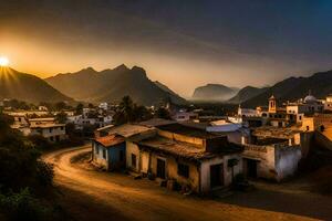 le Soleil ensembles plus de une village dans le montagnes. généré par ai photo