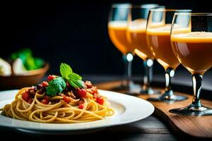 spaghetti et du vin sur une plaque. généré par ai photo