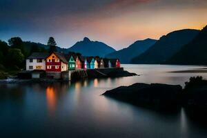 coloré Maisons sur le rive de une Lac à le coucher du soleil. généré par ai photo