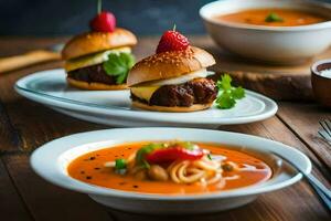 deux assiettes avec nourriture sur eux, comprenant une Hamburger et une tomate soupe. généré par ai photo