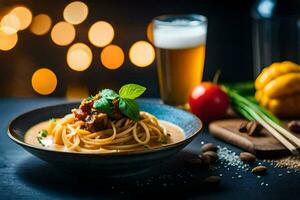spaghetti avec Viande et des légumes dans une bol avec une verre de Bière sur une foncé tableau. généré par ai photo