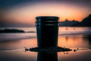 une noir tasse séance sur le plage à le coucher du soleil. généré par ai photo