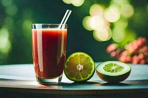 une verre de jus avec une tranche de citron vert et une tranche de tomate. généré par ai photo