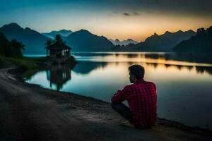 une homme séance sur le côté de une Lac à le coucher du soleil. généré par ai photo