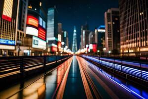 une ville rue à nuit avec lumières et circulation. généré par ai photo