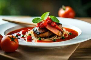 une assiette de nourriture avec spaghetti et Viande. généré par ai photo