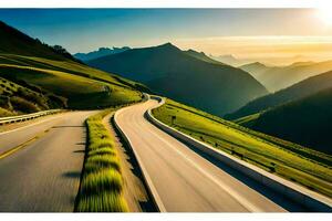 une route dans le montagnes avec le Soleil paramètre. généré par ai photo