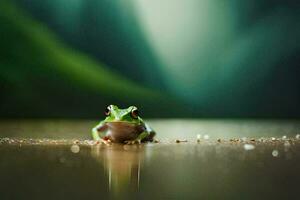 une grenouille séance sur le sol dans de face de une vert Contexte. généré par ai photo