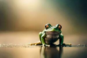 une grenouille séance sur le sol avec une floue Contexte. généré par ai photo