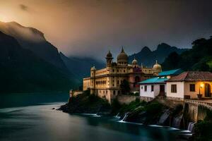 une magnifique bâtiment est assis sur le bord de une lac. généré par ai photo