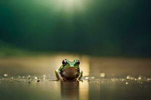 une grenouille séance sur le sol avec une brillant lumière derrière il. généré par ai photo