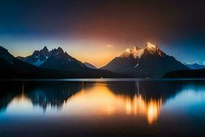 le montagnes sont réfléchi dans le l'eau à le coucher du soleil. généré par ai photo