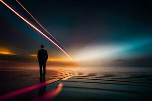 une homme permanent sur une route avec une longue ligne de lumière à venir de le ciel. généré par ai photo