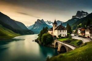 une magnifique Montagne village avec une pont plus de une rivière. généré par ai photo