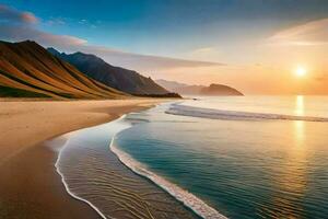 le Soleil monte plus de le océan et montagnes dans Islande. généré par ai photo