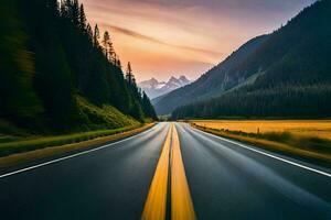 une route dans le montagnes avec une le coucher du soleil. généré par ai photo