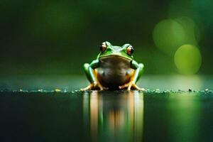 une grenouille séance sur le sol avec une vert Contexte. généré par ai photo