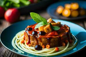 une assiette avec spaghetti et Viande sur il. généré par ai photo