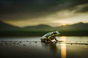 une grenouille séance sur le bord de une Lac à le coucher du soleil. généré par ai photo