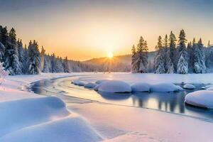 photo fond d'écran le ciel, neige, des arbres, rivière, soleil, rivière, hiver, le Soleil. généré par ai