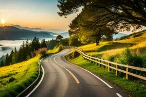 une enroulement route dans le montagnes avec des arbres et herbe. généré par ai photo