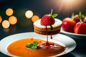 une dessert avec des fraises et crème sur une plaque. généré par ai photo