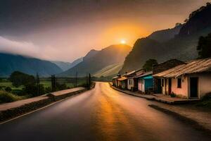 le Soleil ensembles plus de une village route dans le montagnes. généré par ai photo