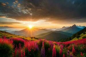 le Soleil monte plus de le montagnes et fleurs dans le premier plan. généré par ai photo